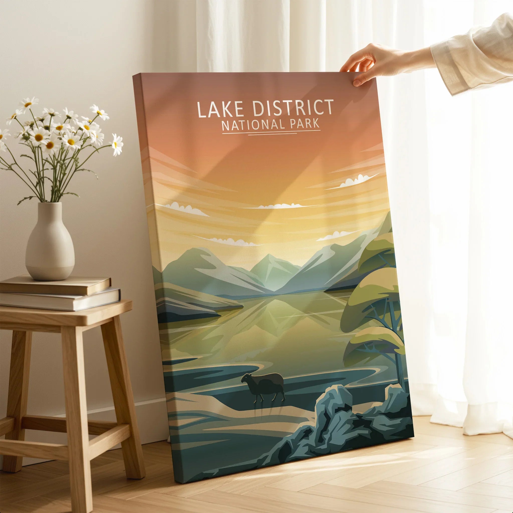 Lake District National Park travel poster canvas print in modern hand holding room setting