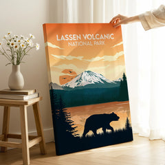 Lassen Volcanic National Park poster print with mountain, bear, and sunset in modern room setting