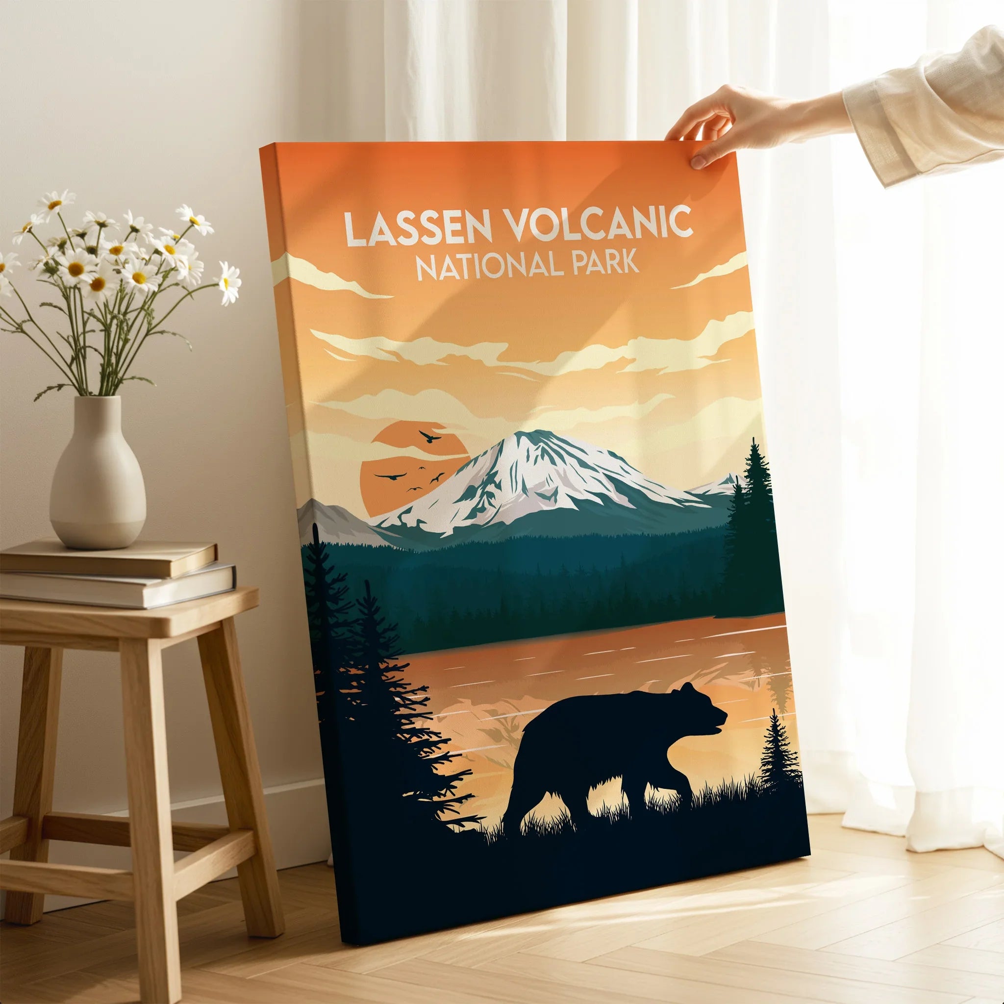 Lassen Volcanic National Park poster print with mountain, bear, and sunset in modern room setting