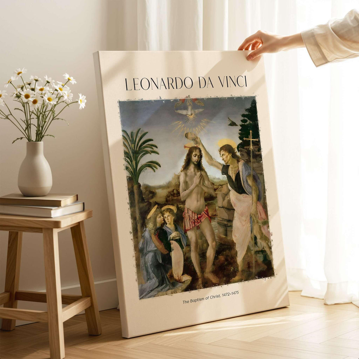 Leonardo da Vinci Art Print The Baptism of Christ 1470s displayed in a living room setting.