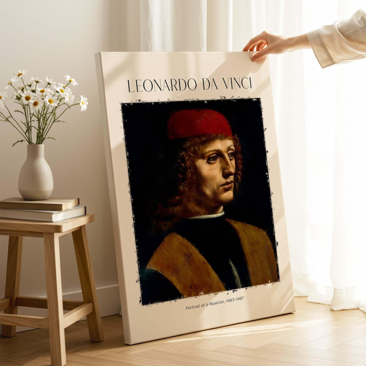 Leonardo da Vinci Art Print -  Portrait of a Musician 1480s Early Male Portrait Art Print displayed in a room setting.