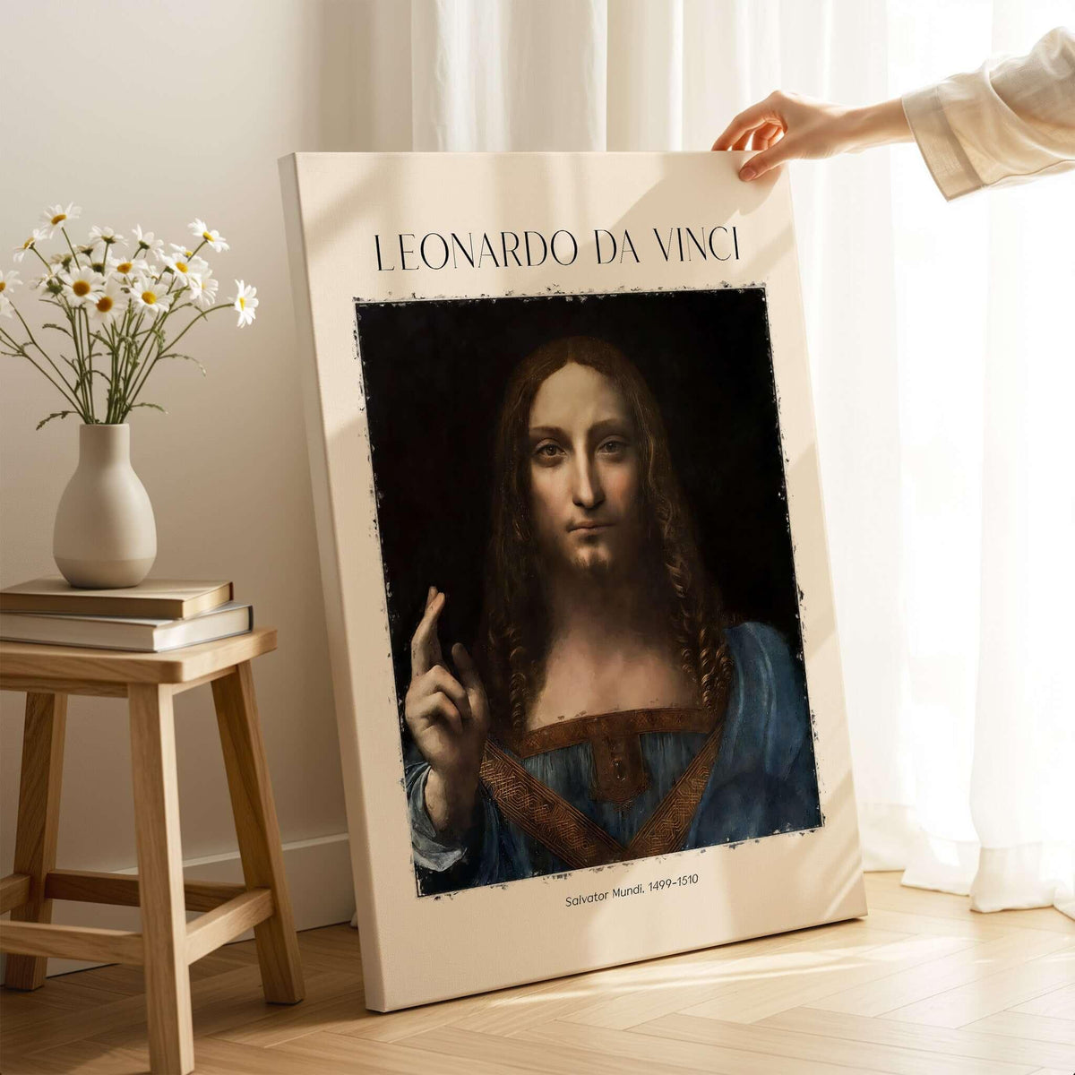 Leonardo da Vinci Salvator Mundi c1500 Portrait of Christ Art Print Poster displayed decoratively.