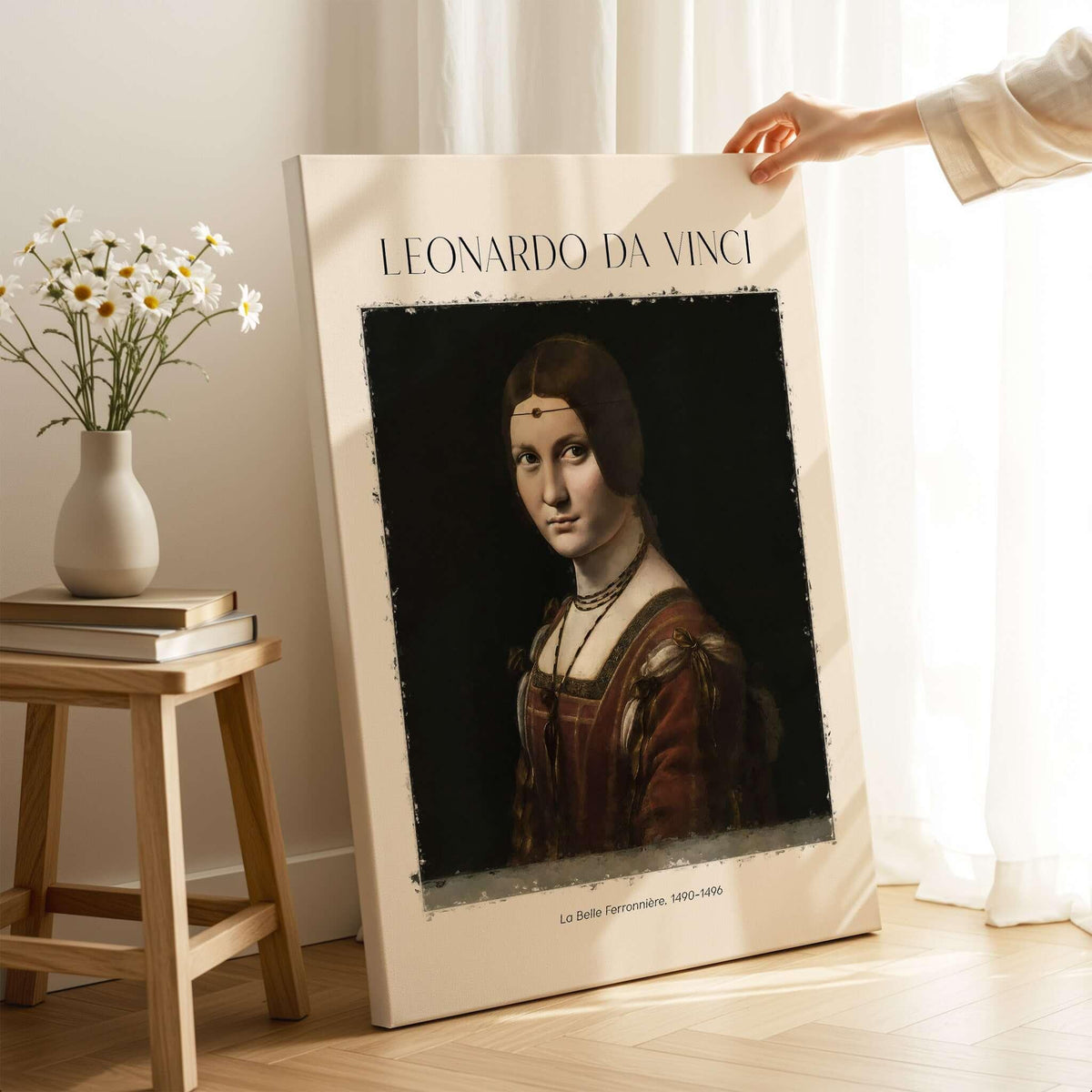 Leonardo da Vinci La Belle Ferronnière 1490s Renaissance Portrait Art Print displayed on an art easel.
