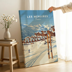 Les Menuires France travel poster canvas print with snowy ski resort scene in cozy room
