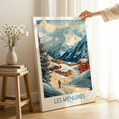 Les Menuires ski resort travel poster canvas print held in cozy living room with flowers