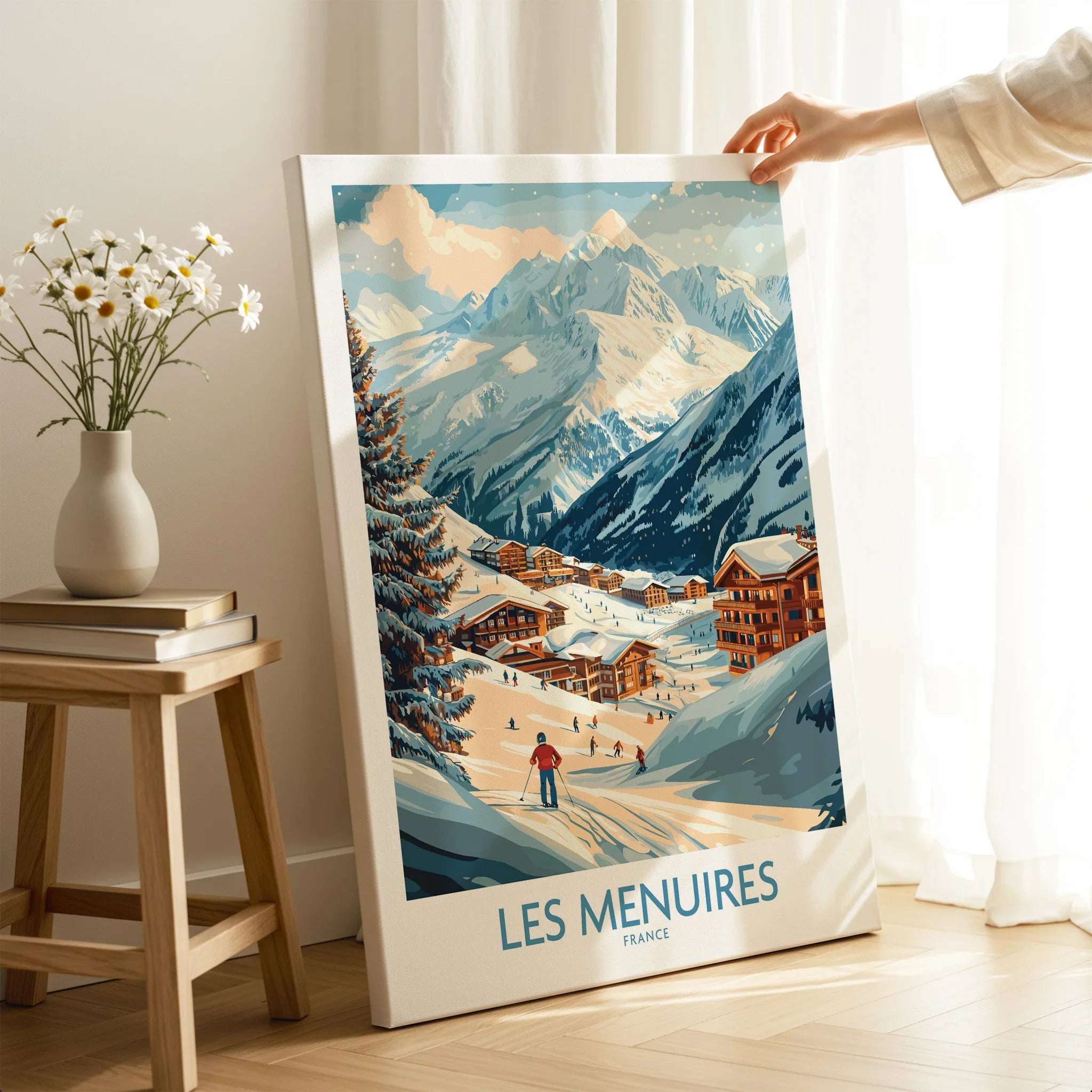 Les Menuires ski resort travel poster canvas print held in cozy living room with flowers