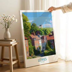 Lewes England travel poster print with colorful houses and castle, styled for home decor