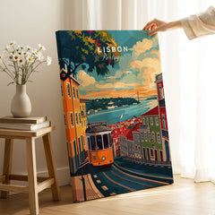 Lisbon Travel Print showcasing a vibrant street scene with tram and picturesque views of Portugal.