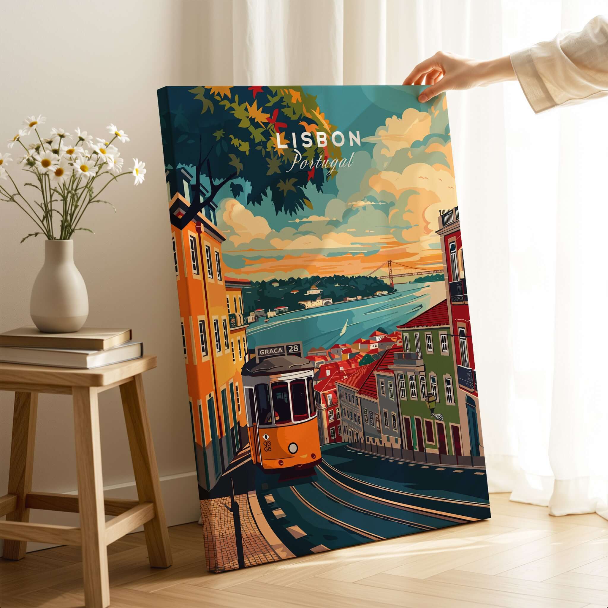 Lisbon Travel Print showcasing a vibrant street scene with tram and picturesque views of Portugal.