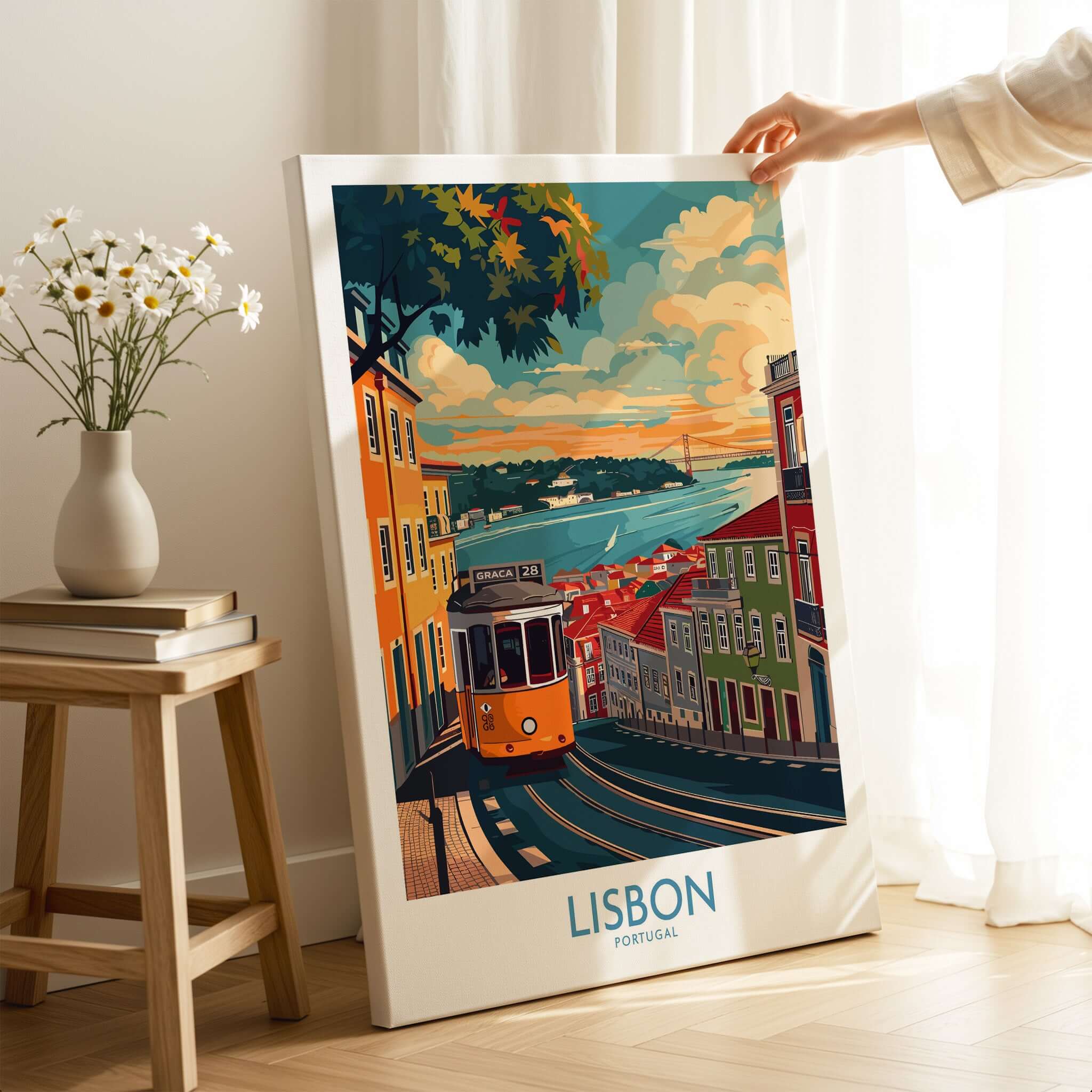 Lisbon Print - Portugal featuring the iconic yellow tram and scenic Lisbon landscape in vibrant colors.