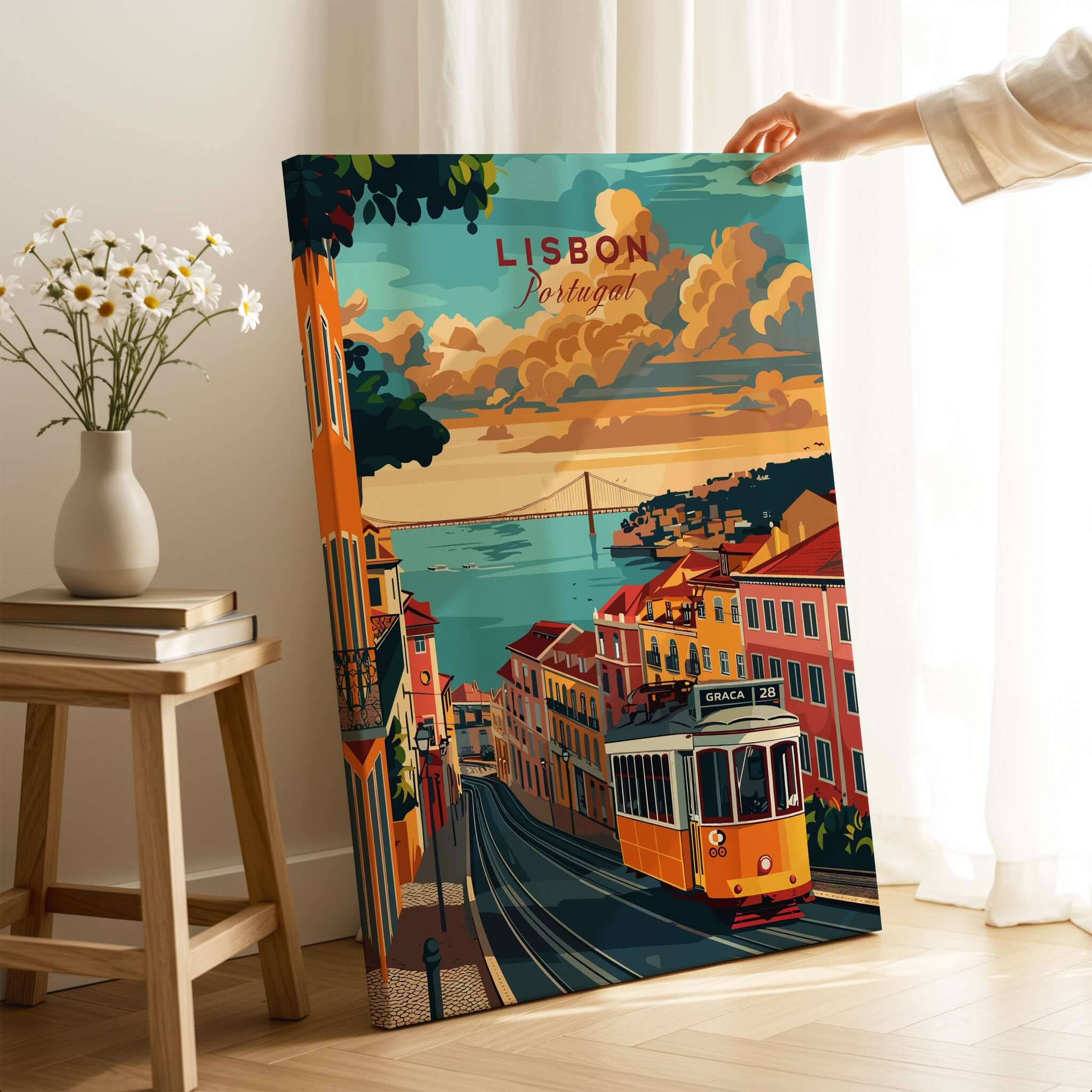 Lisbon Travel Poster featuring the iconic Tram 28 and scenic view of Lisbon, Portugal home decor.