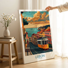 Lisbon Poster - Portugal featuring a classic Tram 28 in a vibrant cityscape with scenic views.