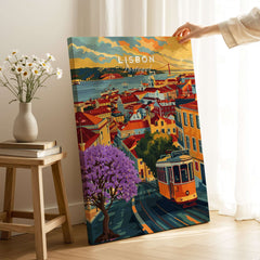 Lisbon Wall Art Poster featuring vibrant Jacaranda trees and Tram 28, capturing Lisbon's charm and architecture.