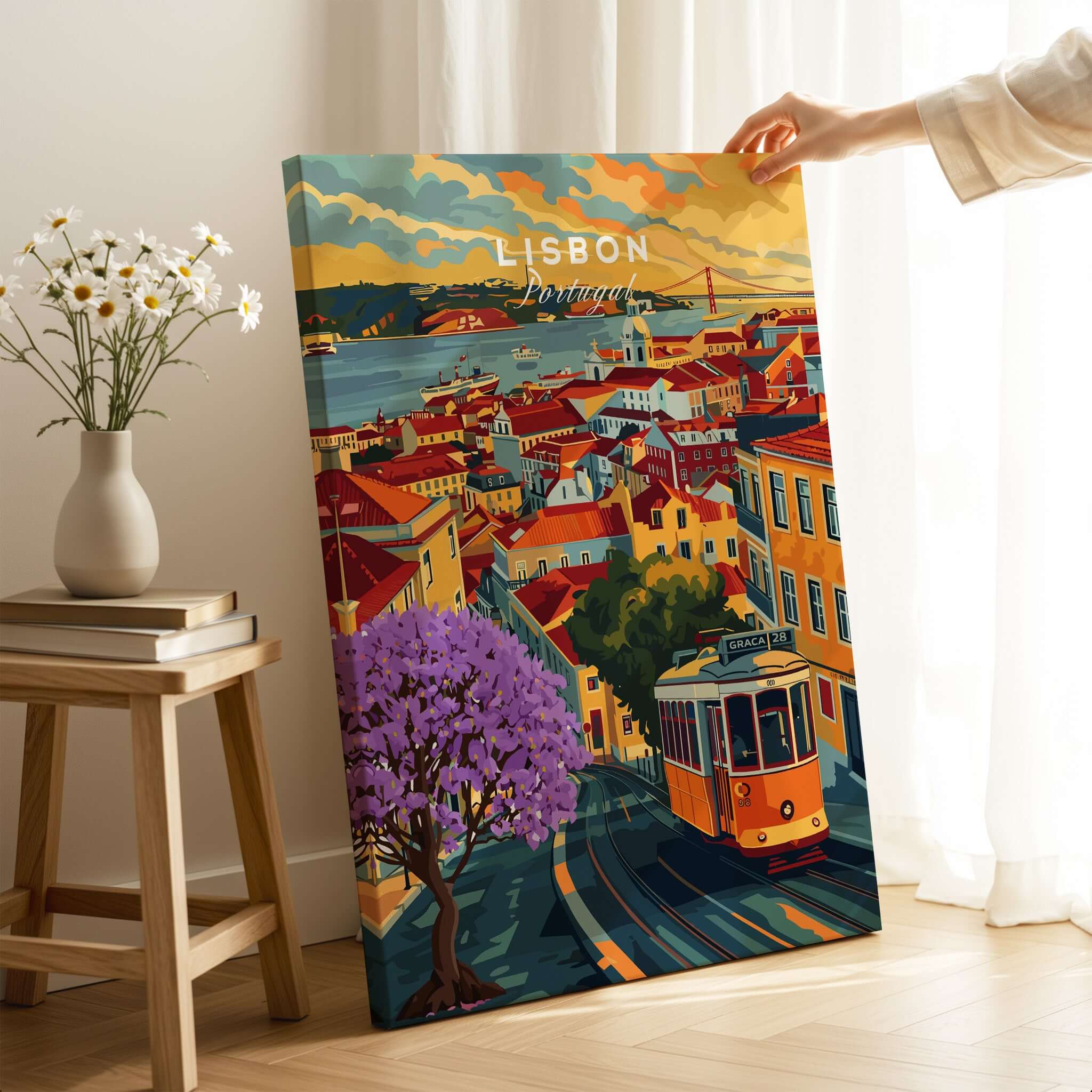 Lisbon Wall Art Poster featuring vibrant Jacaranda trees and Tram 28, capturing Lisbon's charm and architecture.