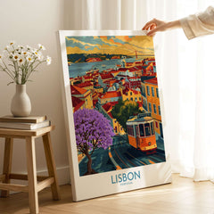 Lisbon Art Print featuring tram 28 and Jacaranda trees, capturing the beauty of Lisbon in vibrant colors.