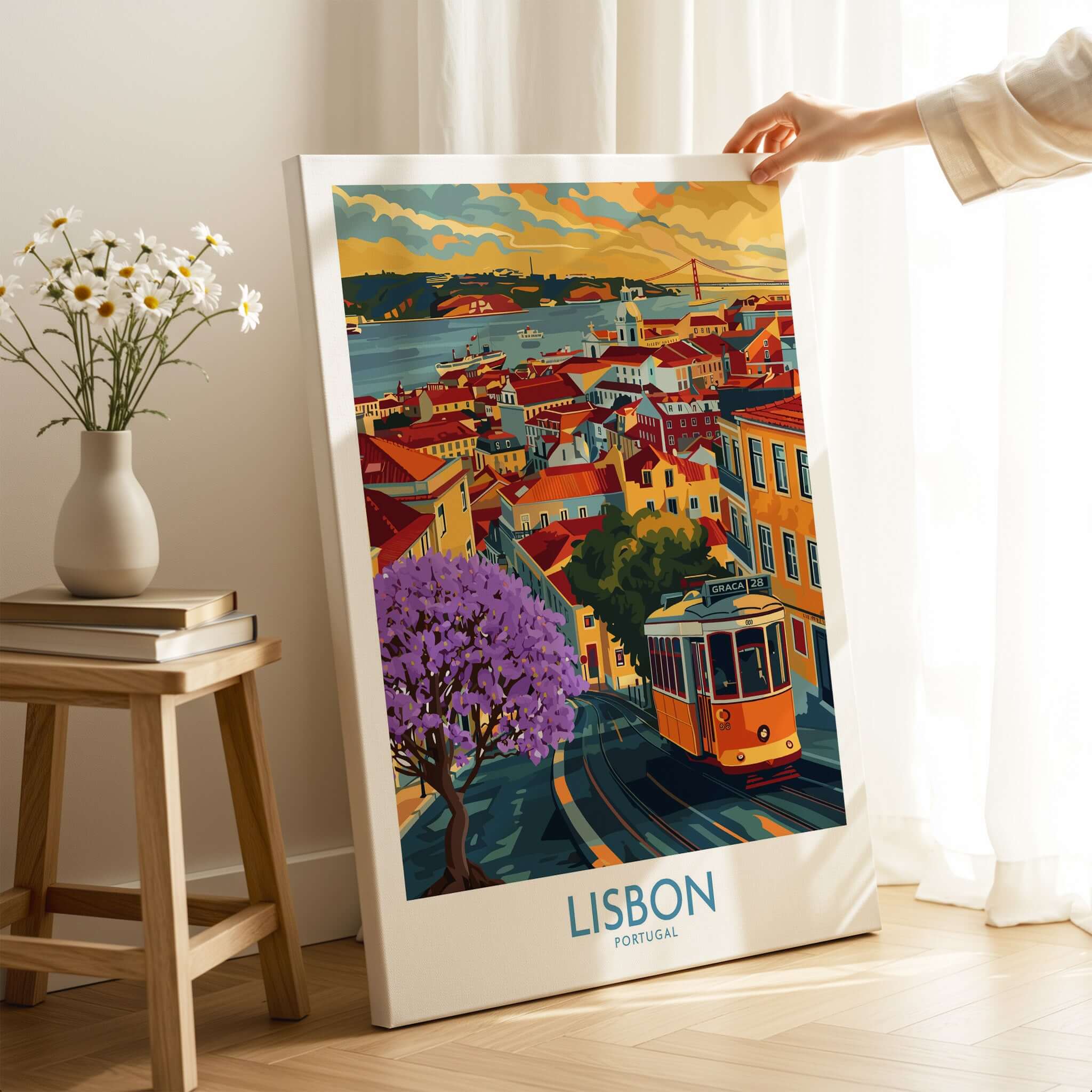Lisbon Art Print featuring tram 28 and Jacaranda trees, capturing the beauty of Lisbon in vibrant colors.