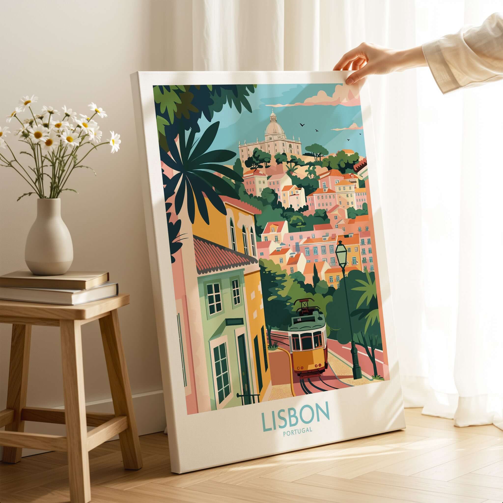 Lisbon Art Travel Print showcasing vibrant colors and tram 28 against Lisbon's charming streets.