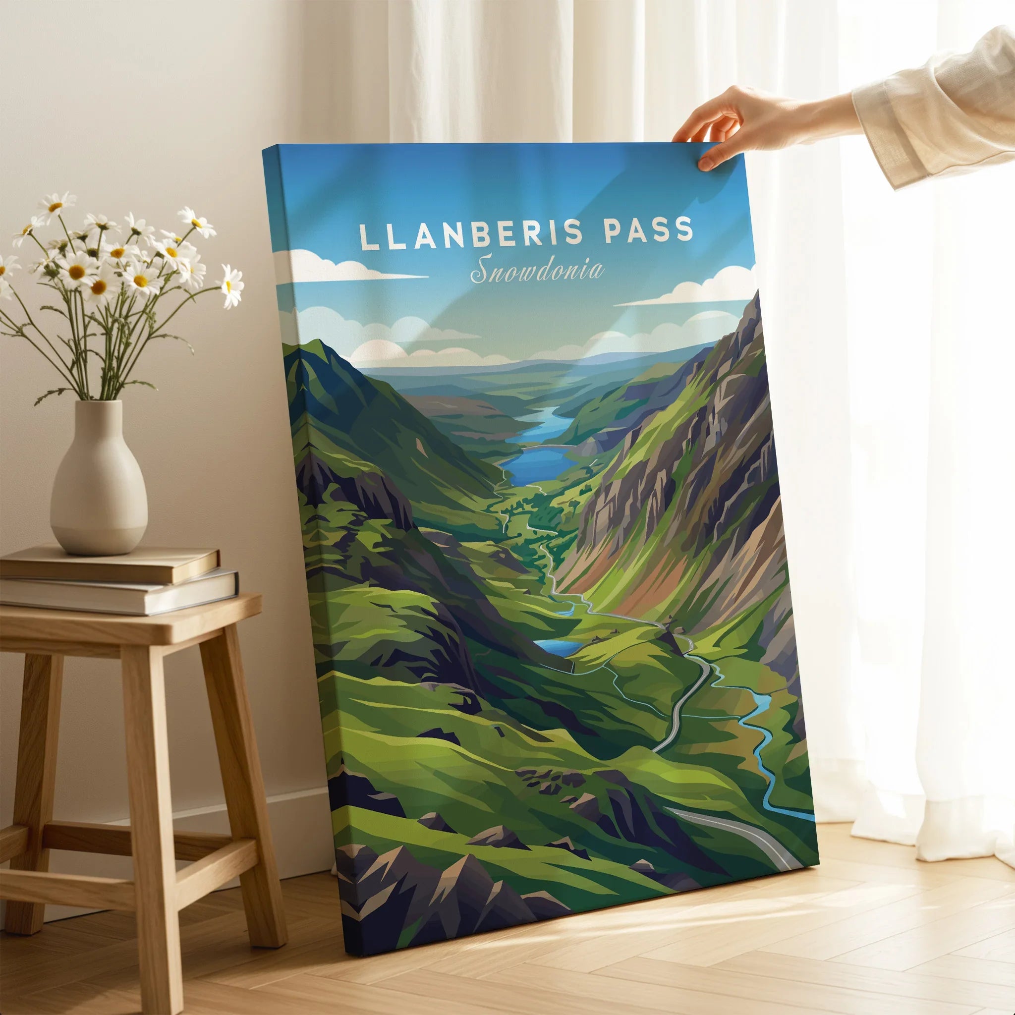 Llanberis Pass Snowdonia travel poster canvas print in a bright, modern home interior