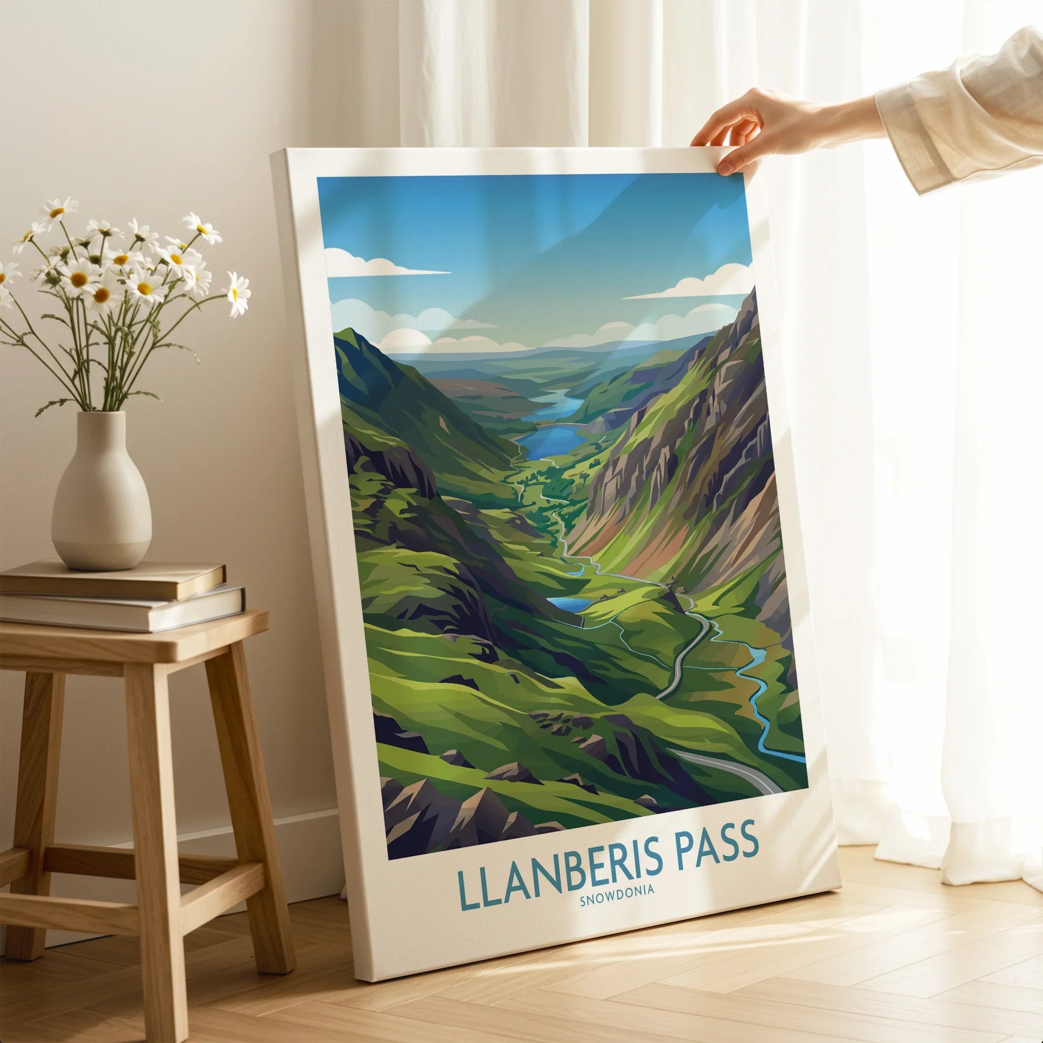 Llanberis Pass Snowdonia landscape travel poster canvas held in modern home setting