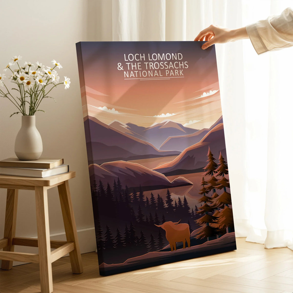 Loch Lomond National Park art print with mountain landscape and highland cow in cozy room