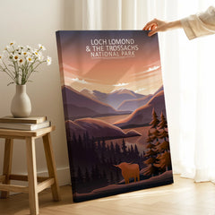 Loch Lomond National Park art print with mountain landscape and highland cow in cozy room