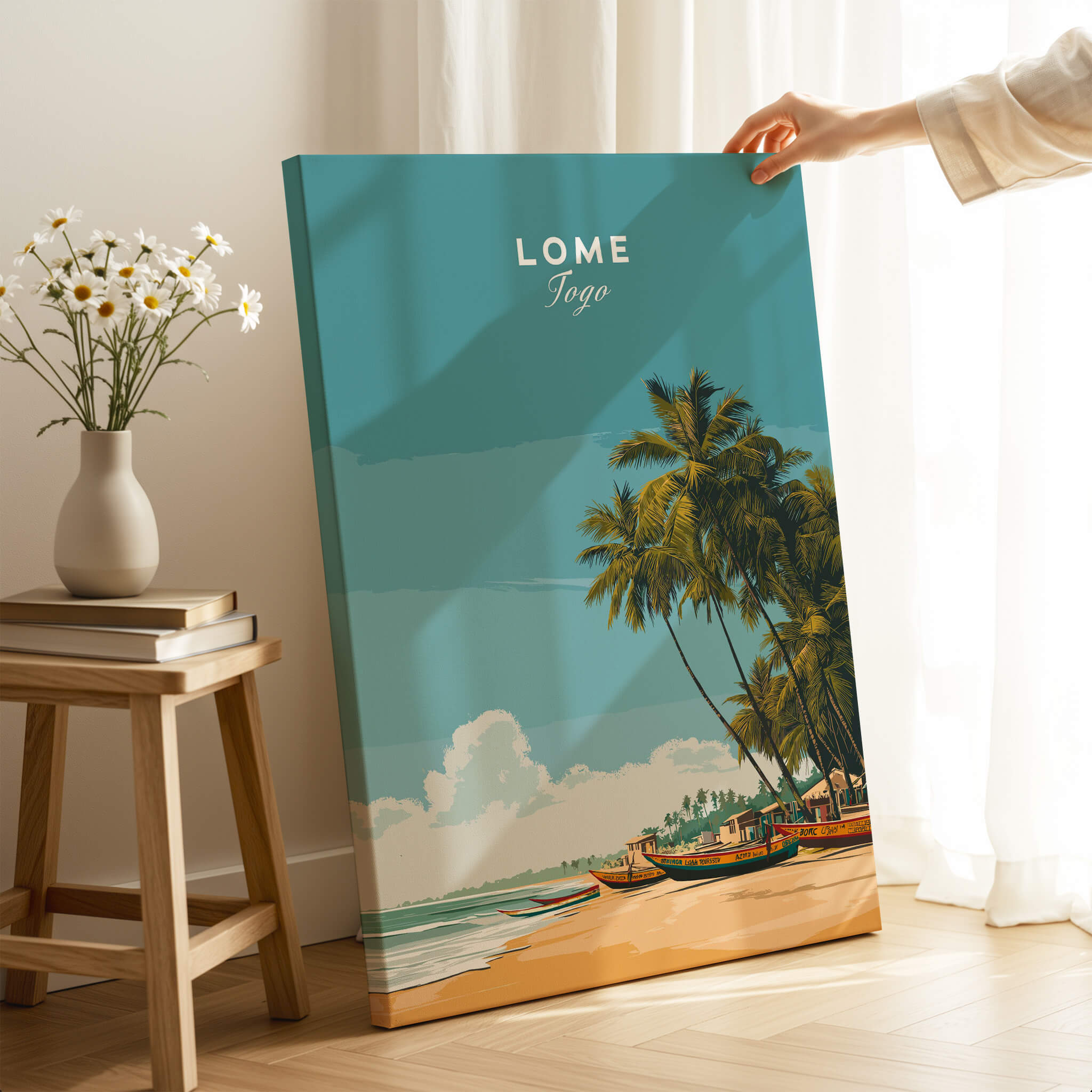 Lomé Togo Travel Posters | West African Beach & Palms Wall Art Print displayed in a cozy room with bright sunlight.