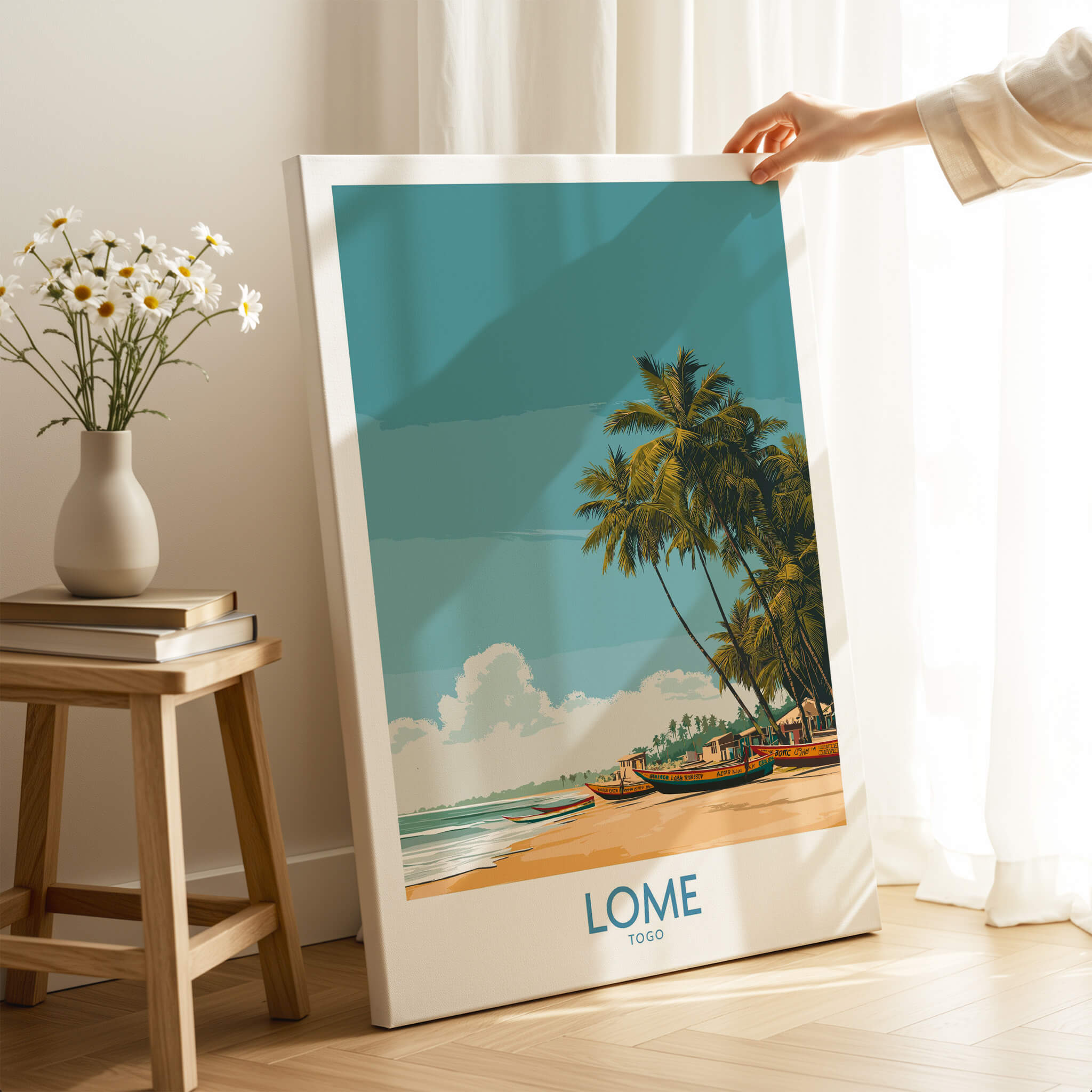 Lomé Togo Canvas Print | Tropical Coastal Village Scene Posters featuring palm trees and beach life.