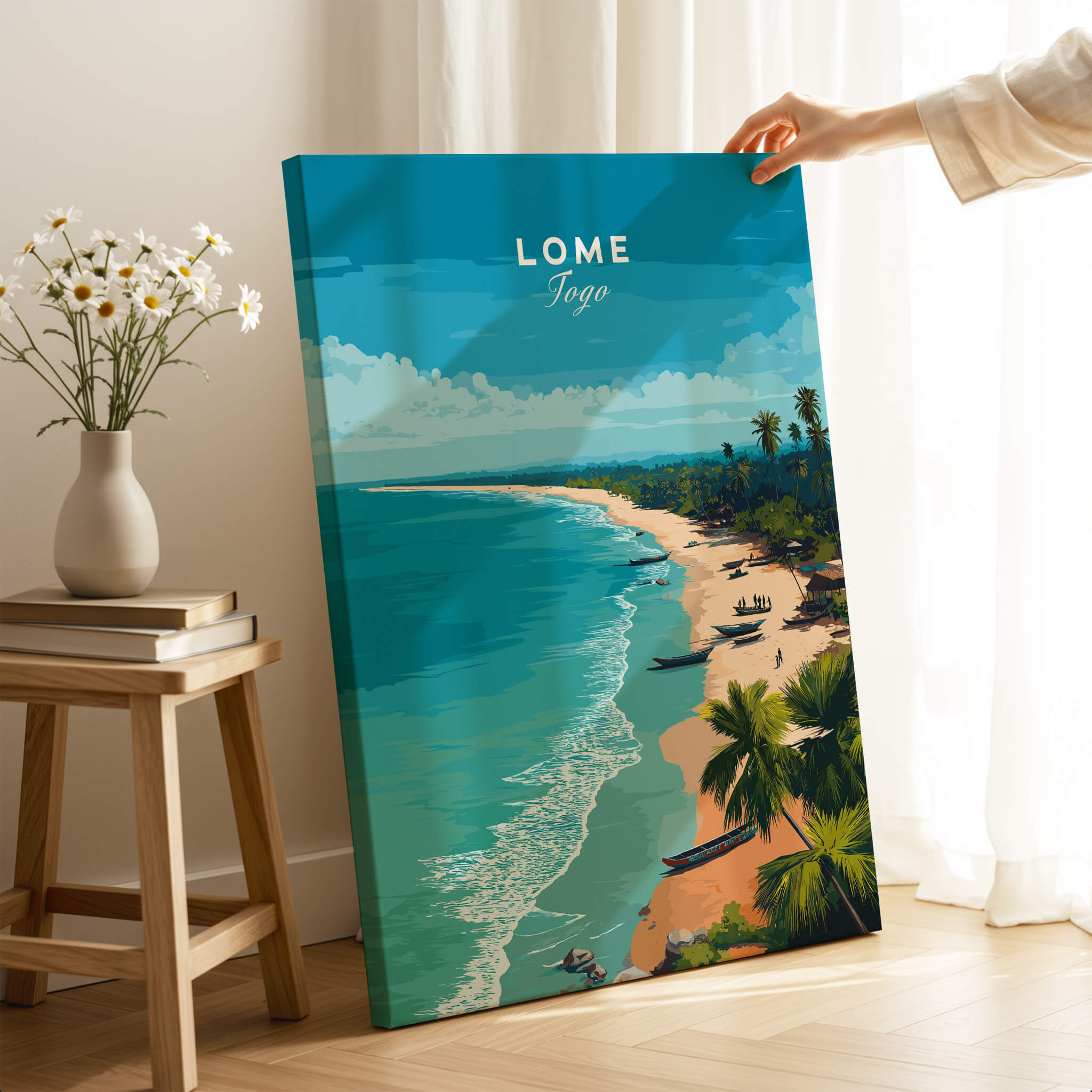 Lomé Togo Wall Art Print | Tropical Beach Travel Poster featuring a tropical beach scene with turquoise water and palm trees.