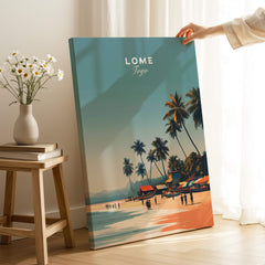 Lome Togo Poster Print Africa showcasing a vibrant beach scene with palm trees and golden shores.