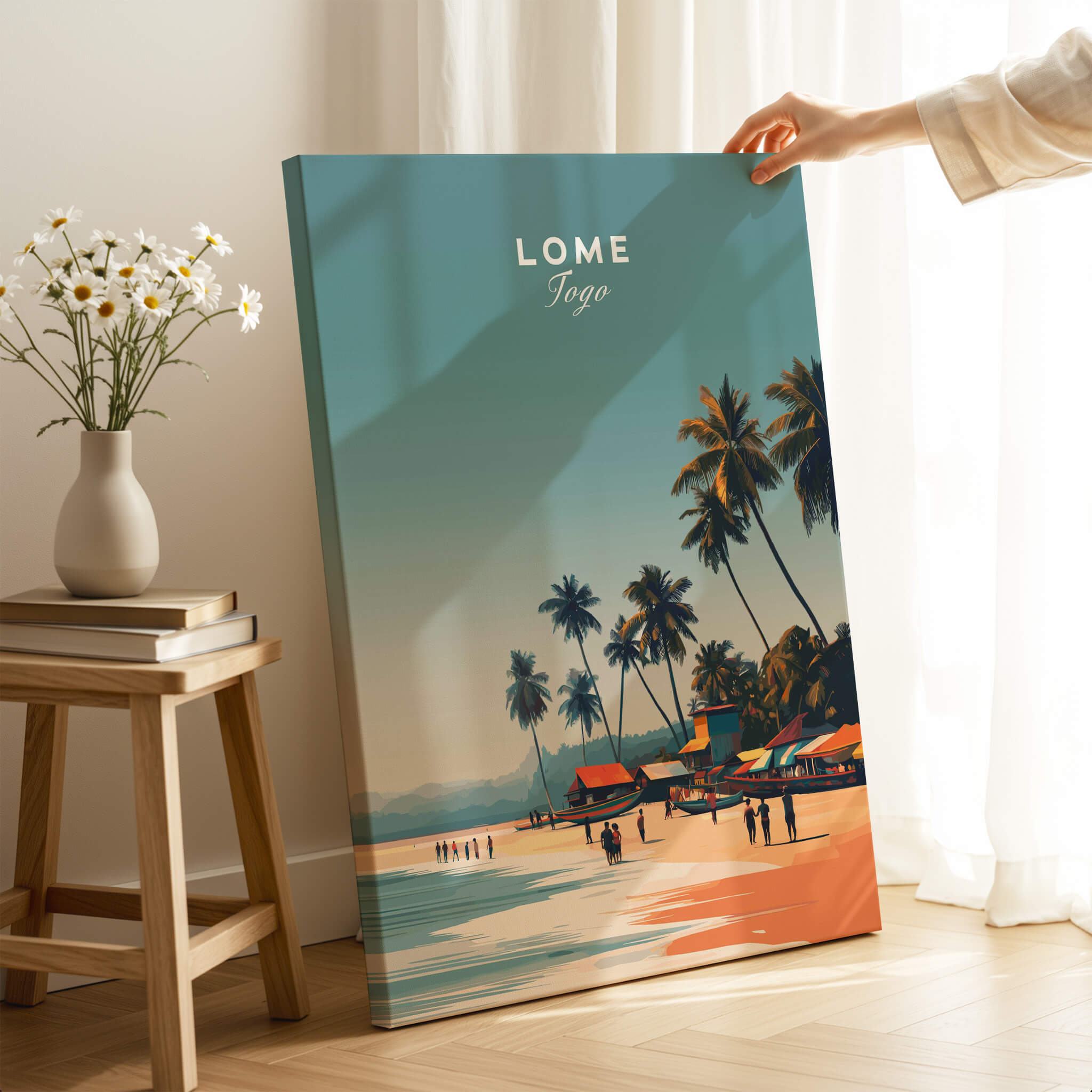 Lome Togo Poster Print Africa showcasing a vibrant beach scene with palm trees and golden shores.