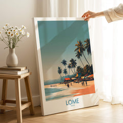 Lome Wall Art Print Africa Travel Poster featuring vibrant beach scene with palm trees and people in Togo.