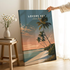 Lovers Key Travel Poster | Florida Sunset Palm Trees Wall Art Print displayed in a warm home setting with flowers.