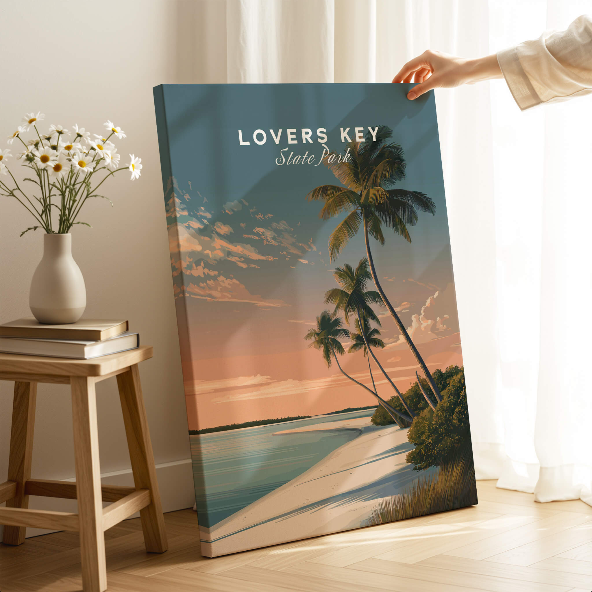 Lovers Key Travel Poster | Florida Sunset Palm Trees Wall Art Print displayed in a warm home setting with flowers.