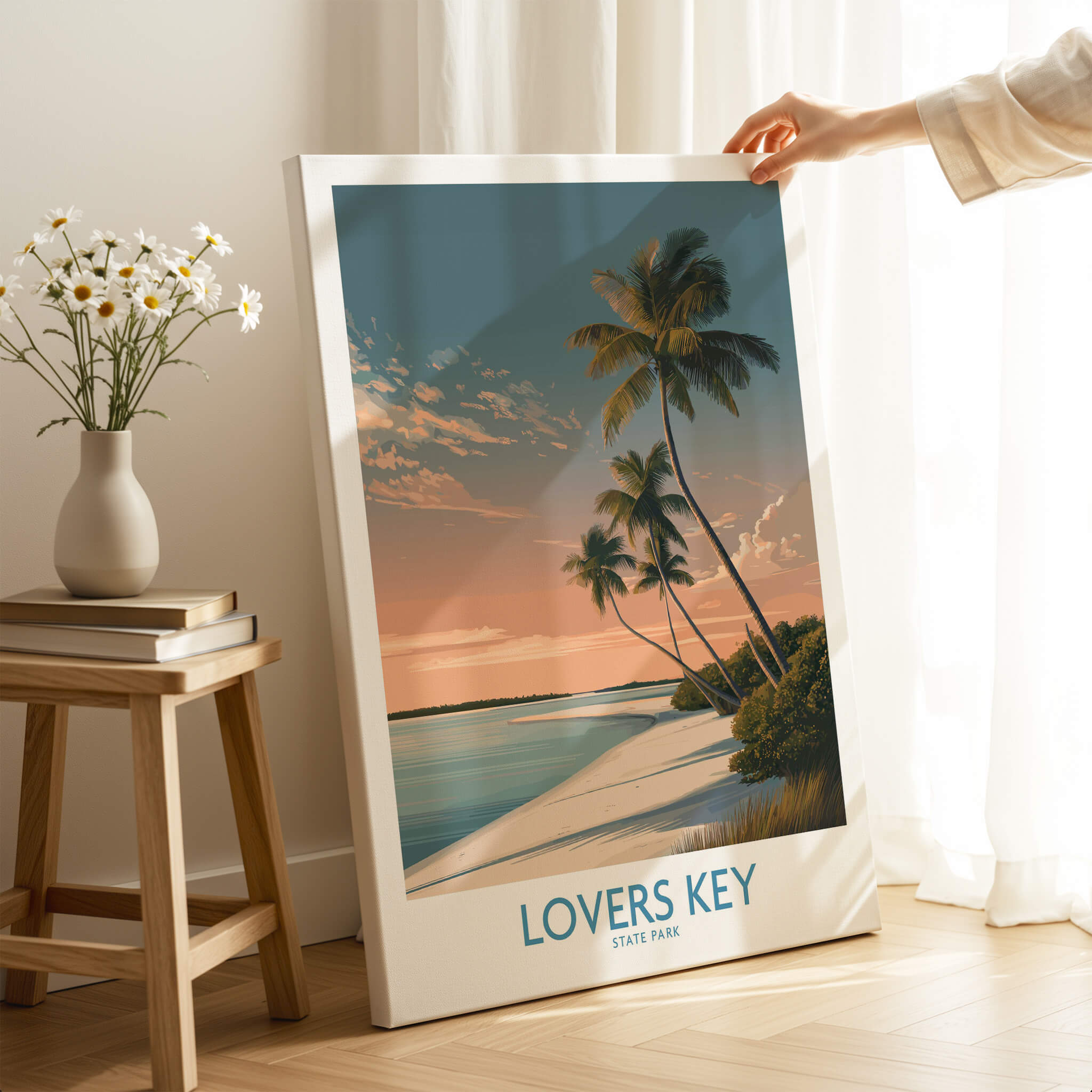Lovers Key Canvas Print | Florida Gulf Coast Beach Poster featuring serene sunset and palm trees.