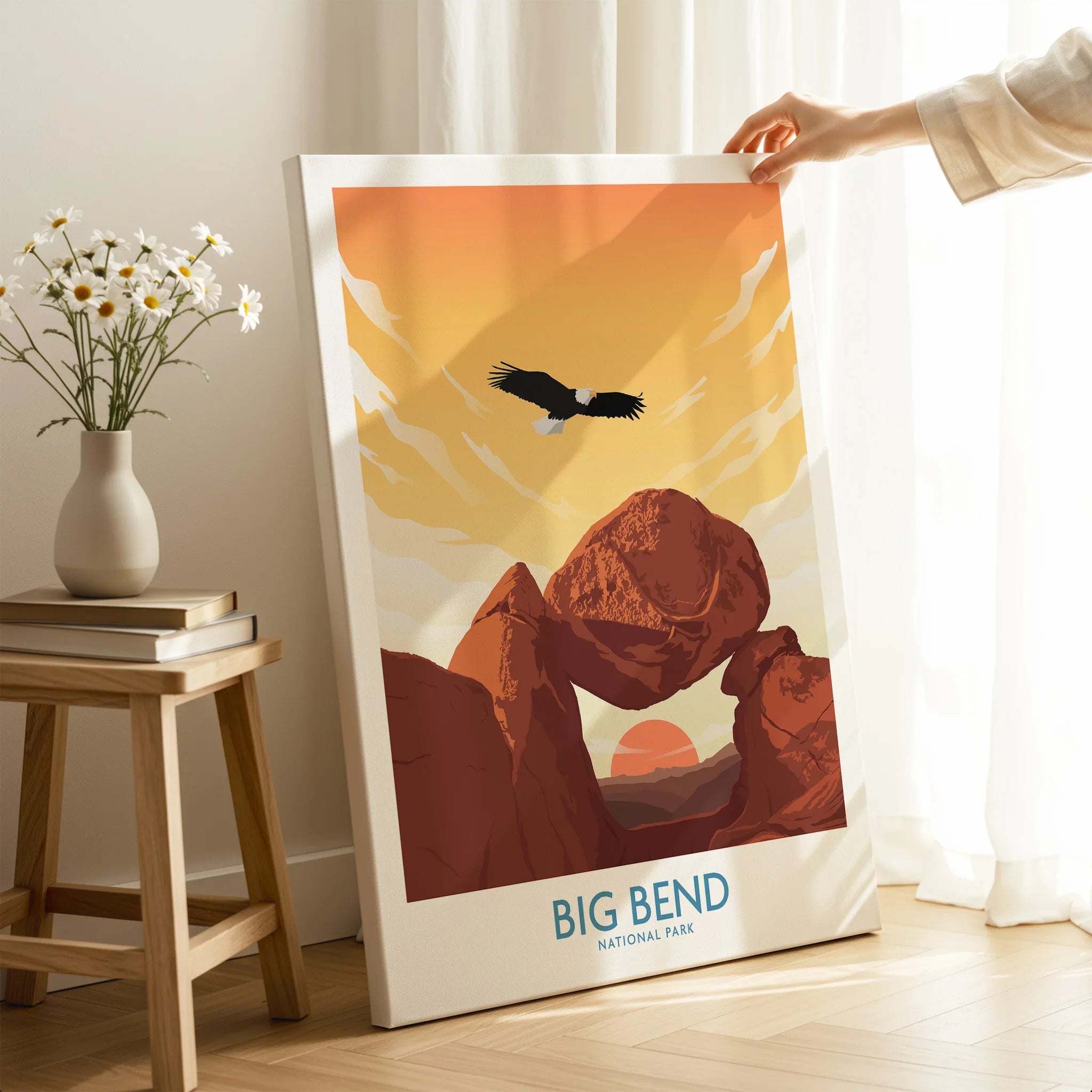 Big Bend National Park canvas print with sunset, red rocks, and eagle, displayed in modern room