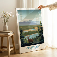 Cairngorms National Park canvas art with landscape and stag, displayed in cozy room