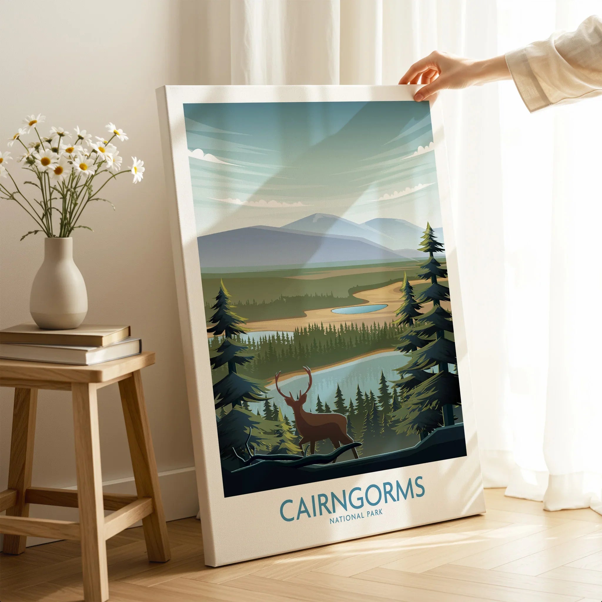 Cairngorms National Park canvas art with landscape and stag, displayed in cozy room