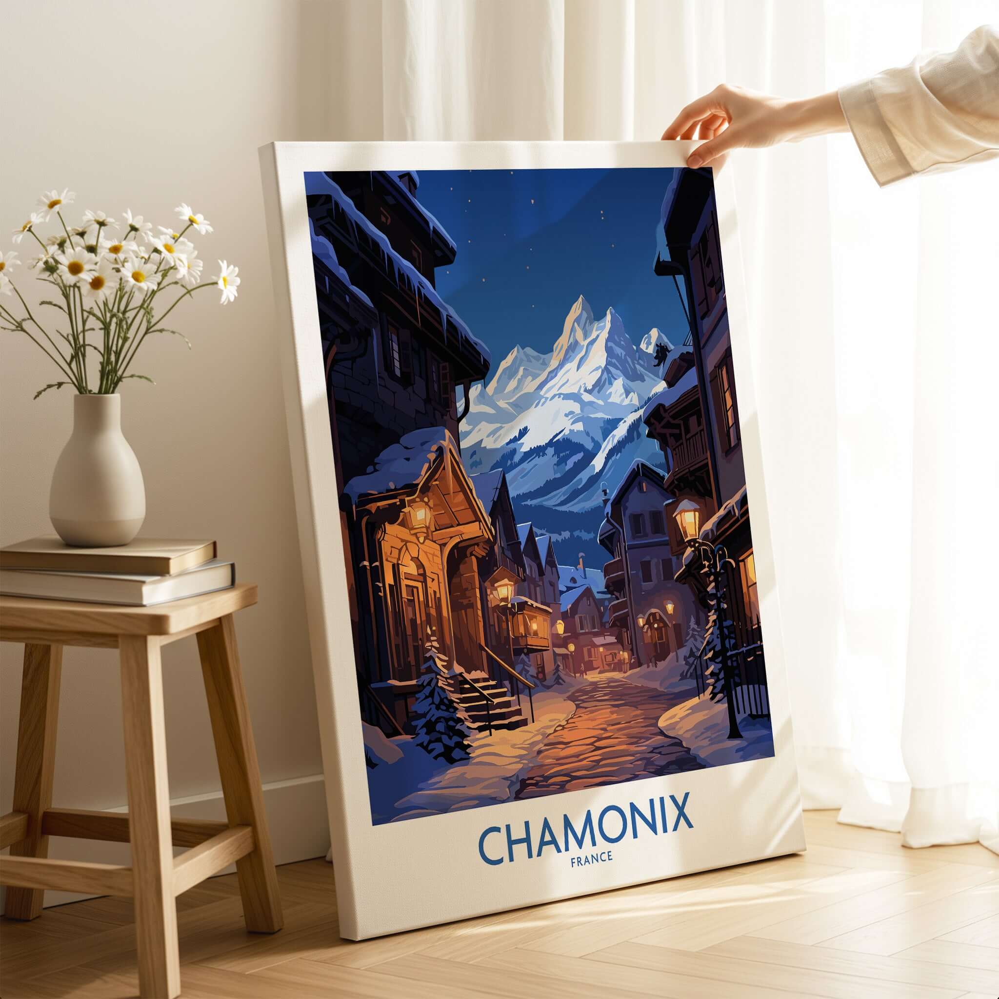 Chamonix Print ski poster featuring a snow-covered village and mountains, perfect for mountain memories.