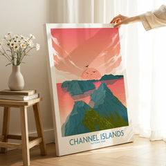 Channel Islands National Park canvas wall art with sunset and islands, hand holding print in cozy room