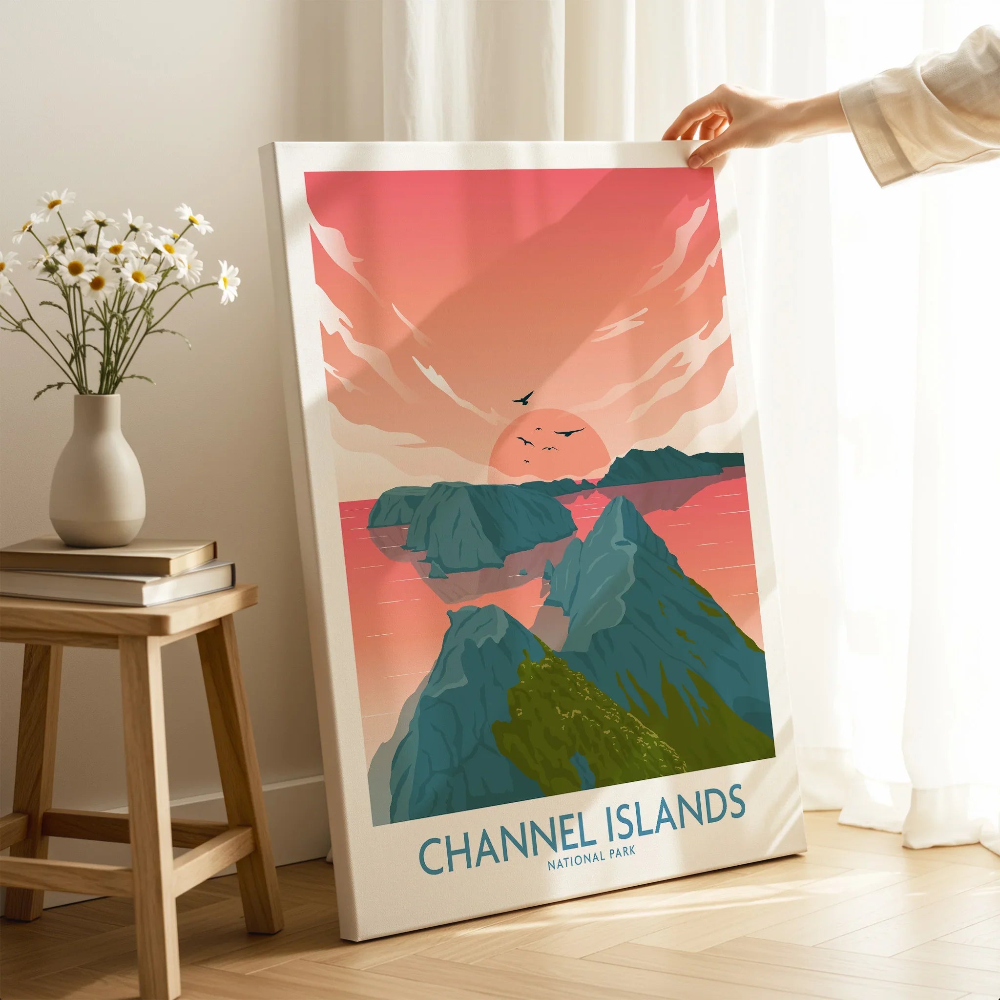 Channel Islands National Park canvas wall art with sunset and islands, hand holding print in cozy room