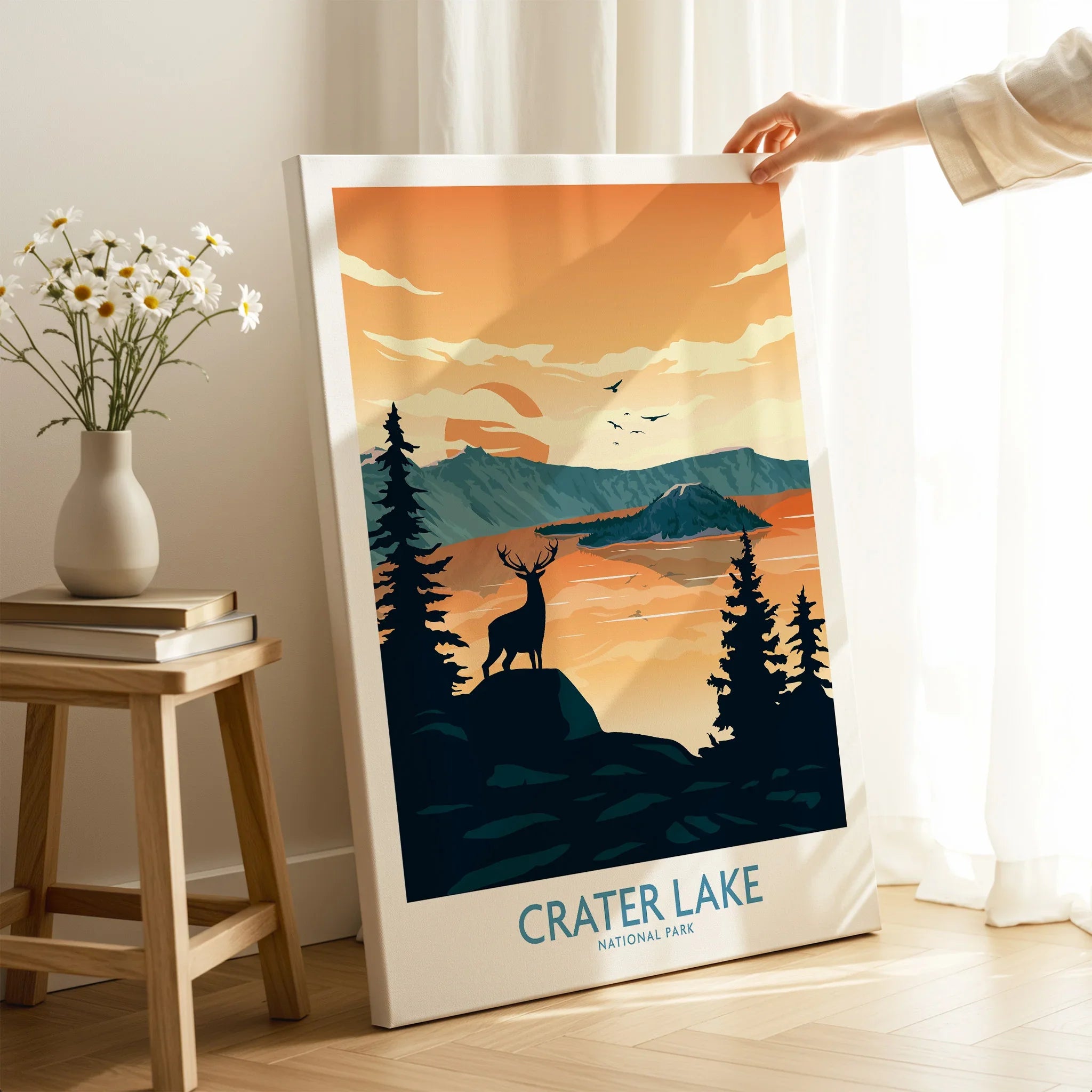 Crater Lake National Park canvas print with deer silhouette in a cozy home setting