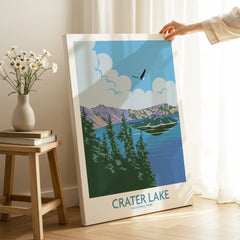 Crater Lake National Park canvas print with pine trees and lake in sunlit room setting