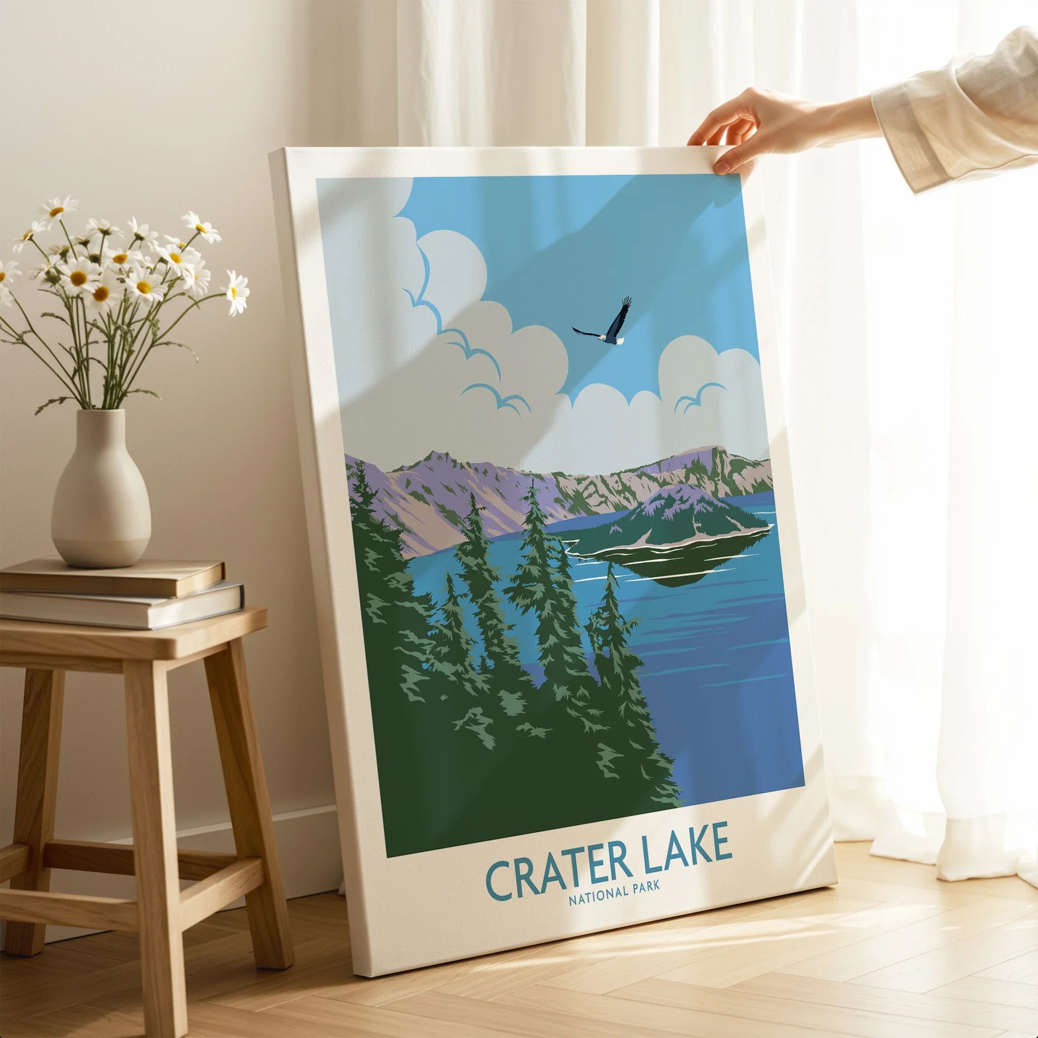 Crater Lake National Park canvas print with pine trees and lake in sunlit room setting