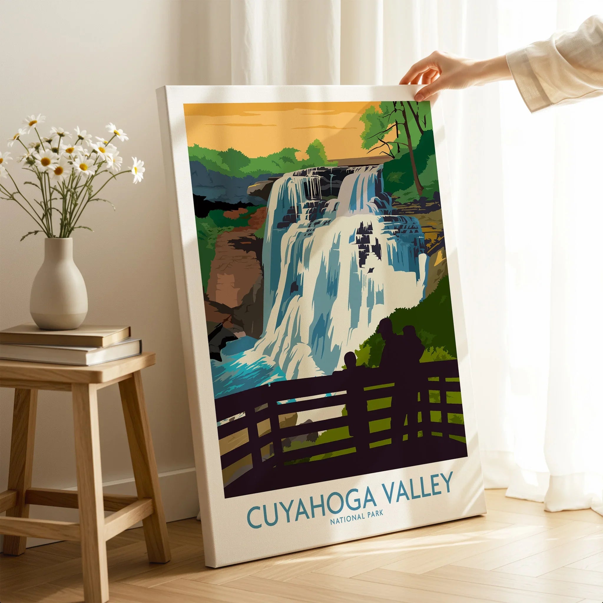 Cuyahoga Valley National Park waterfall canvas print in cozy home decor setting