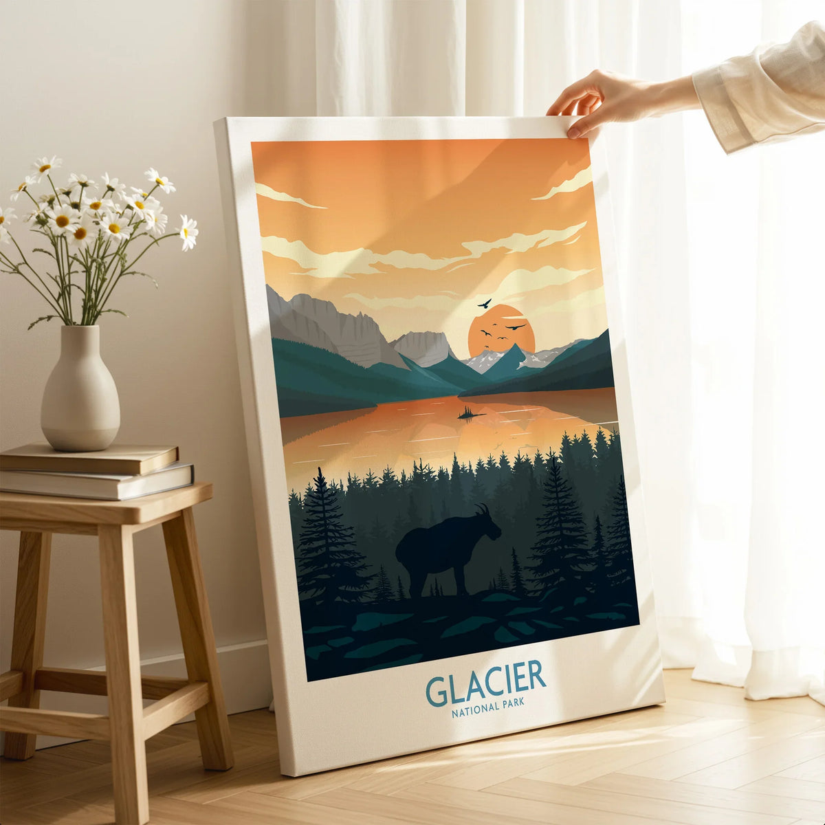 Glacier National Park canvas print with sunset, forest, and moose in cozy room setting