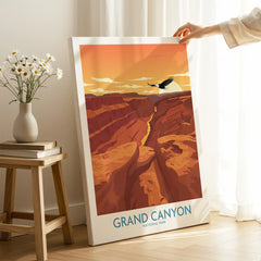Grand Canyon National Park wall art print in a sunlit room, hand holding canvas near flowers.