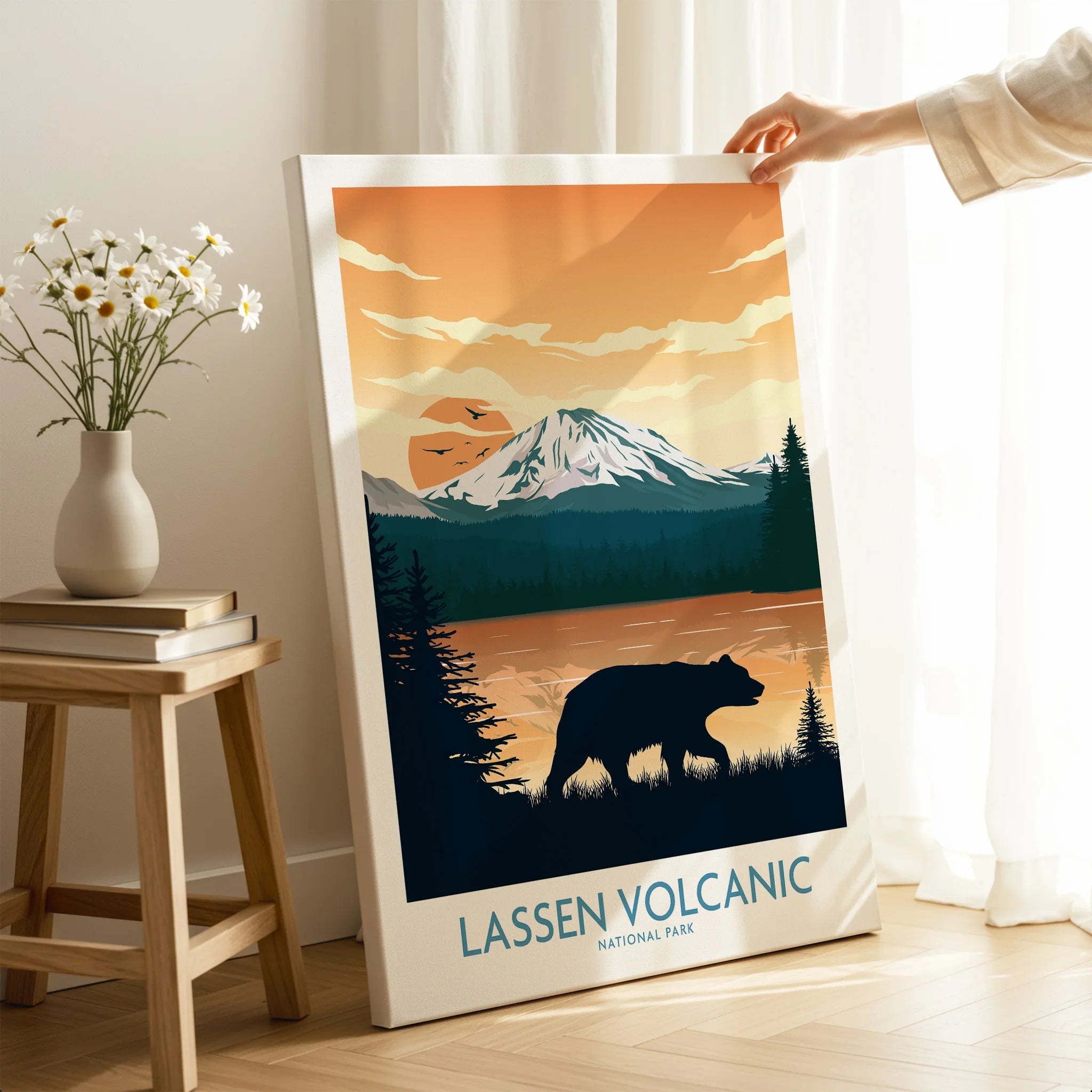 Lassen Volcanic National Park wall art print with bear silhouette, mountain and sunset.