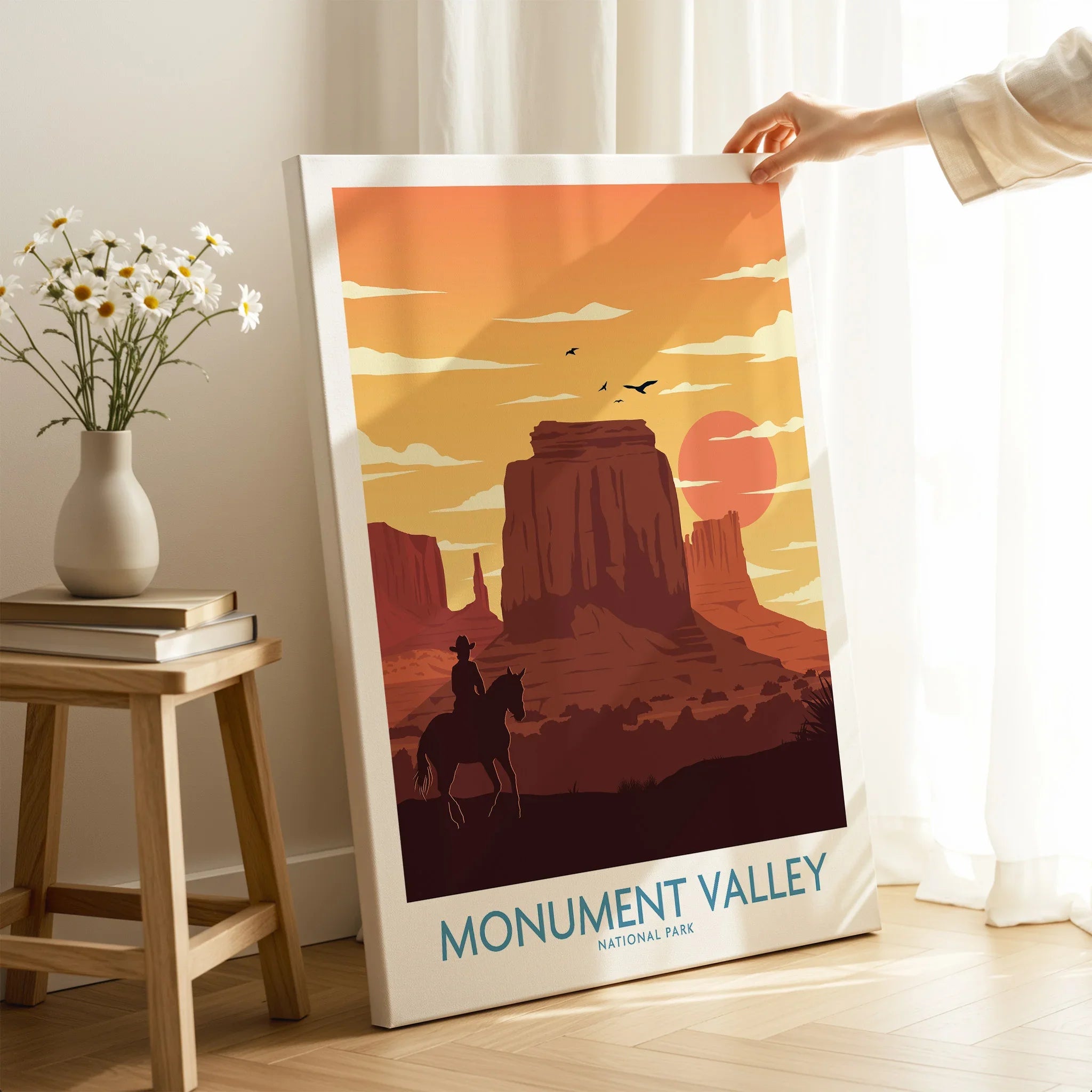 Monument Valley National Park canvas print with cowboy and buttes in a home decor setting