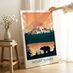 Mount Rainier National Park canvas print with bear silhouette, sunset, and forest decor