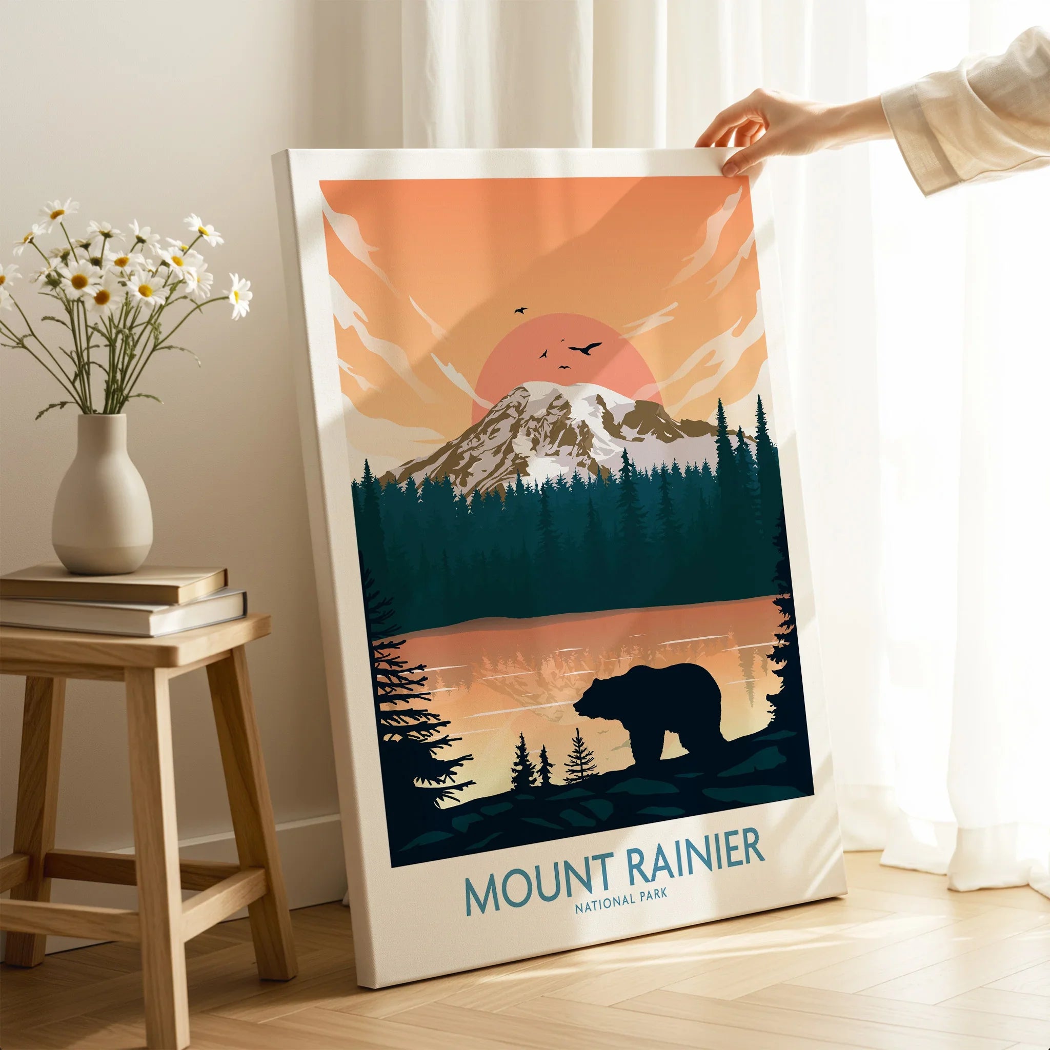 Mount Rainier National Park canvas print with bear silhouette, sunset, and forest decor